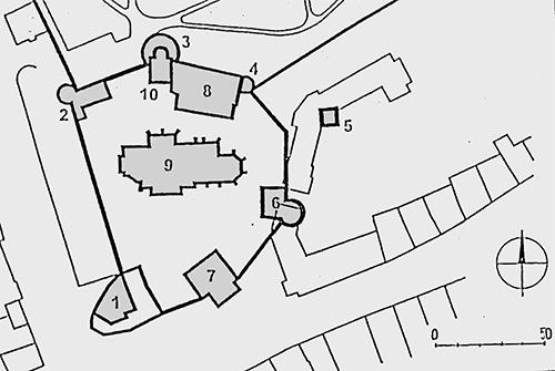 Legend to the ground plan:1-gate and barbican, 2-Parish bastion, 3-Mining bastion, 4-Scriber bastion, 5-Ondrej bastion (extinct), 6-Mühlstein bastion (extinct), 7-town hall, 8-Church of the Holy Cross, 9-parish church, 10-Matej house