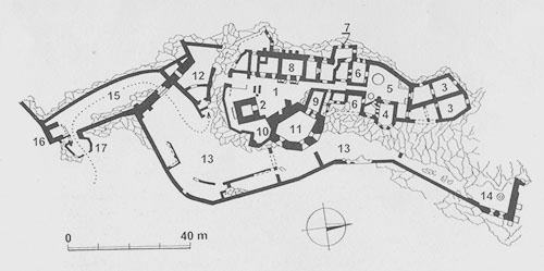Legend to the ground plan:1-upper castle, 2-main tower, 3-gothic palace, 4-gothic chapel, 5-representative part of the castle, 6-transverse palace, 7-west tower, 8-renaissance palace, 9-farm buildings, 10-east tower , 11-cannon bastion, 12-entrance to the upper castle, 13-lower castle, 14-well, 15-fort, 16-defense tower, 17-entrance barbican