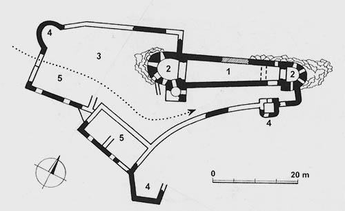 Legend to the ground plan:1-palace, 2-Gothic tower rebuilt into a cannon bastion, 3-fortification, 4-fortification, 5-residential and farm buildings fortification