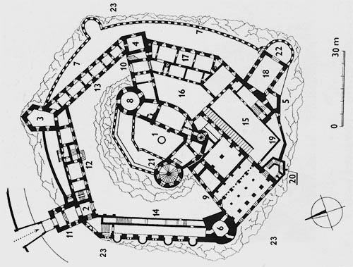 Legend to the ground plan:1 - courtyard of the upper castle with a cistern, 2 - entrance tower, 3 - large pentagonal tower, 4 - prismatic tower, 5 - sacristy, 6 - semicircular tower, 7 - fence wall, 8 - cylindrical tower of the upper castle, 9.10 - transverse through wings of the lower castle, 11 - forecourt, 12,13 - residential tracts of the fort, 14 - neo-Gothic gallery, 15 - second courtyard with riding staircase, 16 - third courtyard, 17 - county apartment, 18 - chapel, 19 - terrace with balustrade, 20 - baroque gazebo, 21 - neo-Gothic stair tower, 22 - parka bastion, 23 - moat