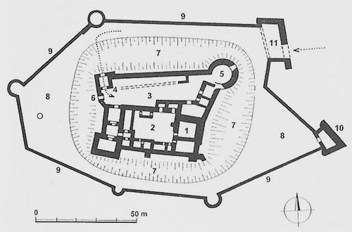 Legend to the ground plan:1 - residential tower of the Early Gothic fortress, 2 - atrium courtyard, 3 - northern courtyard, 4 - entrance tower of the inner castle, 5 - bastion, 6 - entrance gate, 7 - moat, 8 - courtyard of the lower castle, 9 - external fortification with bastions, 10 - bastion, 11 - entrance to the castle