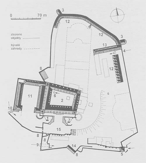 Legend to the ground plan:1-Crown Tower, 2-four-winged palace, 3-cannon bastions, 4-attack gate, 5-Sigmund's gate, 6-entrance to the basement with a well, 7-defense terrace, 8-artillery bastions, 9-Leopold's gate, 10- Vienna Gate, 11-Baroque farm buildings, 12-stables and farm buildings, 13-barracks, 14-officer's flats, 15-honorary courtyard