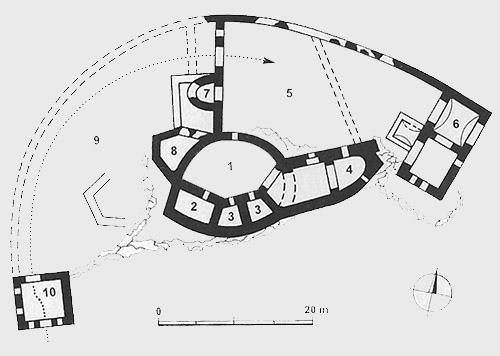 Legend to the ground plan:1 - courtyard of the upper castle, 2 - tower, 3 - palace, 4 - chapel, 5 - first fort, 6 - defensive tower of the fort, 7 - bastion, 8 - late Gothic residential building, 9 - second fort, 10 - towered entrance gate
