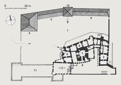 Legend to the ground plan:1 - cylindrical tower, 2 - east palace, 3 - former entrance to the castle, 4 - north palace, 5 - west wing, 6 - connecting loggia, 7 - fortification, 8 - baroque chapel, 9 - outbuildings, 10 - fortification gate , 11 - terrace, 12 - romantically built building