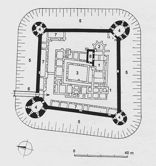 Legend to the ground plan:1-Romanesque church, 2-Gothic sanctuary of the church, 3-paradise courtyard of the monastery, 4-corner cannon bastions, 5-moat, 6-access bridge, 7-farm and operating buildings, 8-castle chapel