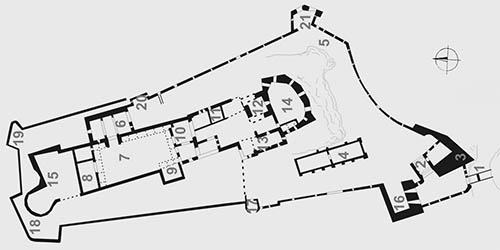 Legend to the ground plan:1 - 1st entrance gate, 2- 2nd entrance gate, 3-gable wall, 4-former granary, 5-residential buildings, 6 - 3rd entrance gate, 7-upper castle - courtyard, 8-north palace, 9- bakery, 10- 4th gate, 11-east palace, 12-dwelling tower, 13-west palace, 14-bastion of the upper castle, 15-north courtyard, 16-I. bastion, 17-II. bastion, 18-III. bastion, 19-IV. bastion, 20-V. bastion, 21-VI. bastion