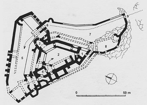 Legend to the ground plan:1-dwelling tower, 2-upper castle, 3-horseshoe tower with a chapel, 4-entrance area to the upper castle, 5-first fort, 6-tunnel entrance to the fort, 7-second fort, 8-artillery platform, 9-entrance gate