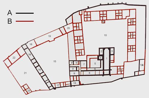 Legend to the ground plan:A-Carthusian monastery 1330-1567: 1 - Church of St. Anthony the Hermit, 2 - Chapel of St. Mary, 3 - Chapel of St. Anne, 5 - Paradise Court, 6 - Hall of the Cross, 7 - Chapter Hall, 10 - inner courtyard, 13 - hospiceB-Kamaldul Monastery 1711-1782: 1 - Church of St. Anthony the Hermit, 2 - Chapter Hall, 3 - Sacristy, 4 - Tower with archive, 5 - Paradise Court, 6 - Cross Hall, 7 - Monastery dining room, 8 - Kitchen  Source: information board in the monastery