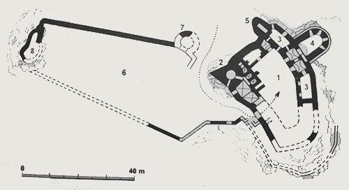 Legend to the ground plan:1 - upper castle, 2 - round tower with wedge, 3 - palaces, 4 - cannon bastion, 5 - bastion, 6 - fort, 7 - round bastion, 8 - front bastion of the fort