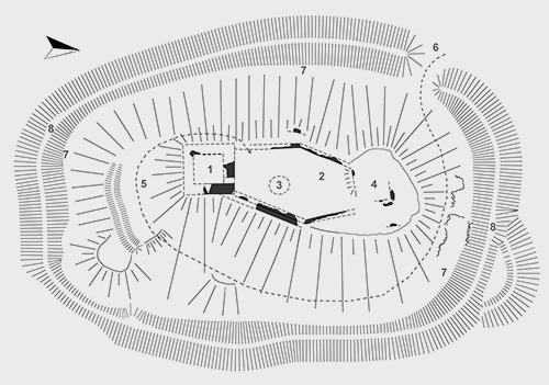 Legend to the ground plan:1 - defensive prismatic tower, 2 - courtyard, 3 - cistern, 4 - palace building, 5 - defensive wall, 6 - probable entrance, 7 - moat, 8 - stone wall 