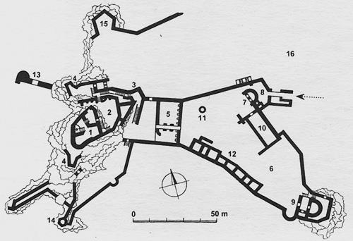 Legend to the ground plan:1 - acropolis of the upper castle, 2 - courtyard, 3 - the rest of the prismatic entrance tower, 4 - longitudinal bastions, 5 - neck moat, 6 - middle castle, 7 - defensive bastion, 8 - forecourt, 9 - Gorjanskovcov palace, 10 - Báthoryov palace , 11 - well, 12 - operational building, 13 - gate of the defense zone, 14 - watchtower (Panenská or Mníška), 15 - cannon bastion, 16 - lower castle