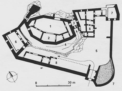 Legend to the ground plan:1-upper castle with mantle wall, 2-residential and operational buildings, 3-entrance tower of the upper castle, 4-parkan, 5-fortification, 6-defensive bastion-type building, 7-bastions, 8-farm and accommodation buildings for the crew