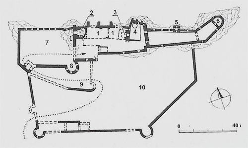 Legend to the ground plan:1 - palace, 2 - front tower of the upper castle, 3 - rear tower of the upper castle, 4 - courtyard with a cistern, 5 - prismatic bastion, 6 - chapel, 7 - first fort, 8 - cannon bastion, 9 - forecourt, 10 - lower castle