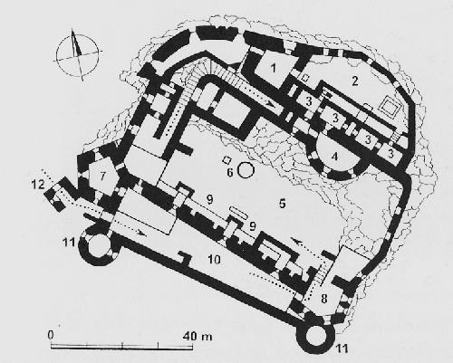 Legend to the ground plan:1-tower, 2-courtyard of the upper castle, 3-palace block, 4-cannon bastion, 5-lower castle, 6-well and cistern, 7-Bebek tower, 8-pentagonal bastion, 9-defensive wall, 10-entrance corridor , 11-round bastions, 12-advanced entrance tower