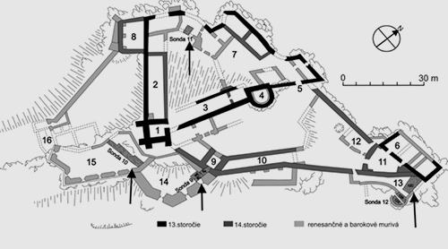 Legend to the ground plan:1 - prismatic residential tower, 2 - southwestern palace, 3 - eastern palace, 4 - half-cylinder residential tower, 5 - original entrance to the upper castle in the 13th century, 6 - castle palace of Tomáš county, 7 - farm buildings, 8 - tower palace , 9 - Gothic gate, 10 - southeastern palace, 11 - Church of St. Ignatius, 12 - Chapel of St. Jána, 13 - passable fence with gate bastion, 14 - cannon bastion, 15 - bastion, 16 - entrance to the castle