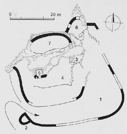 Legend to the ground plan:1-lower castle, 2-bastion at the entrance, 3-staircase carved into the rock, 4-middle castle, 5-room carved in the tuff of the castle hill, 6-bastion, 7-upper castle