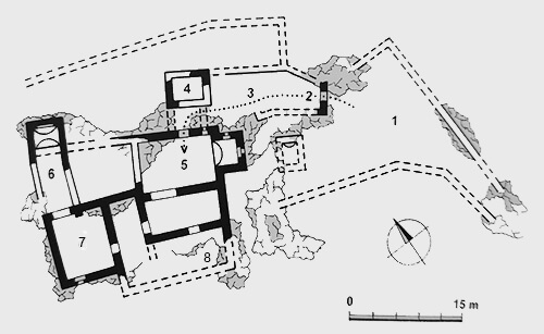 Legend to the ground plan:1 - fort, 2 - entrance gate, 3 - courtyard, 4 - prismatic tower, 5 - front palace, 6 - upper palace, 7 - back palace, 8 - middle palaceSource: NEŠPOR J., Za tajomstvami zrúcanín II. Zrúcaniny Stredného Slovenska