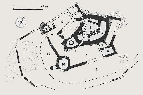 Legend to the ground plan:1 - courtyard of the upper castle, 2 - original entrance, 3 - palace wing, 4 - defensive tower with a cistern, 5 - first fort, 6 - corner bastions, 7 - western renaissance palace, 8 - eastern renaissance palace, 9 - entrance area on upper castle, 10 - cannon bastion, 11 - farm building, 12 - second castle