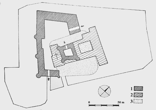 Legend to the ground plan:1 - development up to cat. 17th century, 2 - younger buildings up to the middle. 18th century, 3 - extent of the original moatSource: PLAČEK M., BÓNA M., Encyklopédia slovenských hradov