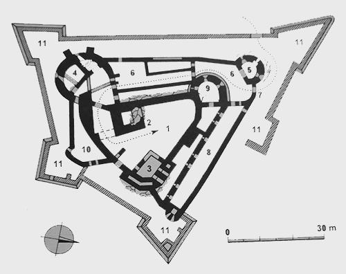 Legend to the ground plan:1 - upper castle, 2 - tower, 3 - palace, 4 - large cannon bastion, 5 - small cannon bastion, 6 - western fort, 7 - entrance gate, 8 - northern defensive mezzanine, 9 - cannon bastion, 10 - southern fort , 11 - star bastion fortification