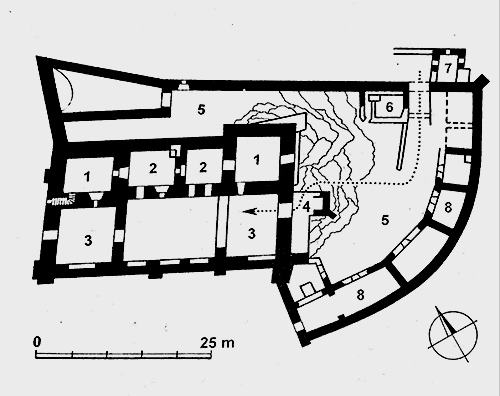 Legend to the ground plan:1-prismatic towers, 2-palace, 3-late Gothic annex, 4-access ramp with pillar for drawbridge, 5-lower castle, 6-watchtower, 7-bastion protecting the entrance, 8-residential and farm buildings