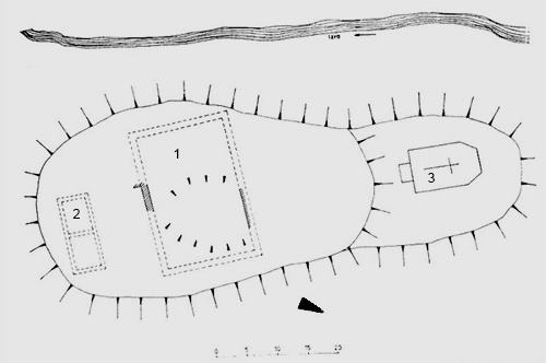 Legend to the ground plan:1 - main building (residential), 2 - farm building, 3 - original church