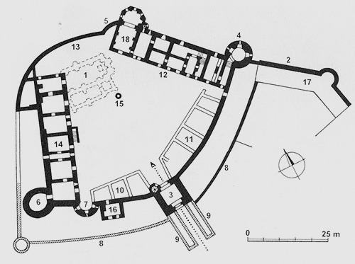 Legend to the ground plan:1 - foundations of church buildings, 2 - city fortifications, 3 - entrance tower, 4 - round tower, 5 - former bastion, 6 - round tower, 7 - semicircular bastion, 8 - park wall, 9 - hint of the gate, 10-14 - residential and operating tracts, 15 - well, 16 - renaissance building, 17 - stables and iceberg, 18 - early baroque chapel, 15 - entrance gate