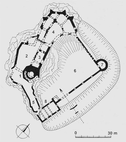 Legend to the ground plan:1 - round tower, 2 - courtyard of the upper castle, 3 - palace, 4 - first fortification, 5 - western fortification, 6 - second fortification, 7 - bastion, 8 - late renaissance building