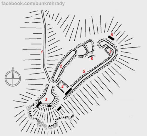 Legend to the ground plan:1 - sidewalk to the castle, 2 - ramparts on the site of the western wall, 3 - southern plateau with the remains of walls, 4 - southern depression, 5 - smaller rampart on the site of the eastern wall, 6 - excavated wall, 7 - northern depression, 8 - northern wall Source: https://www.facebook.com/bunkrehrady/