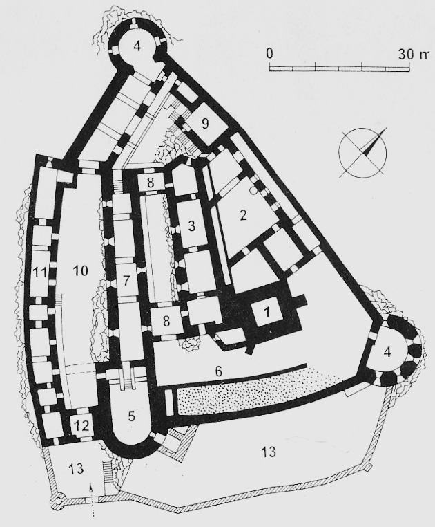 Legend to the ground plan:1-originally residential tower, 2-courtyard of the upper castle with a well, 3-Gothic palace, 4-defensive bastions of the middle castle, 5-bastion of the middle castle rebuilt into a chapel, 6-part terrace, 7-late Gothic palace, 8-transverse through wings , 9-business buildings, 10-lower castle, 11-residential tract, 12-entrance gate, 13-baroque fort