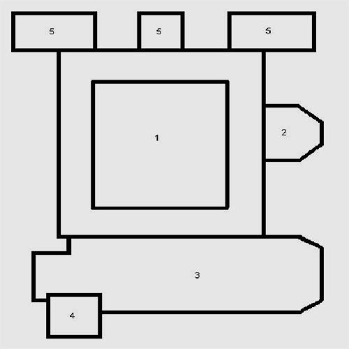 Legend to the ground plan:1 - paradise yard, 2 - chapel, 3 - church, 4 - bell tower, 5 - corner towers 