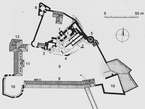 Legend to the ground plan:1-Gothic palace, 2-watchtower, 3-palace of the middle castle, 4-fragment of the Gothic wall, 5-Gothic round bastion, 6-part Gothic bastion, 7-well protected by a prismatic building, 8-lower castle, 9-Dobó Renaissance manor house, 10-corner bastions, 11-Captain's house attached to the wall, 12-originally cannon bastion