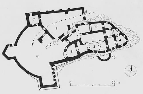 Legend to the ground plan:1 - courtyard of the upper castle, 2 - main tower, 3 - south palace, 4 - east palace, 5 - north palace, 6 - lower castle, 7 - entrance tower, 8 - forecourt, 9 - entrance gate, 10 - water source fortification