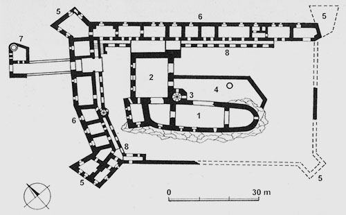 Legend to the ground plan:1 - Gothic castle, 2 - extension of a late Gothic palace, 3 - stair tower, 4 - courtyard with a well, 5 - corner bastions of the outer fortifications, 6 - two-winged Renaissance manor house, 7 - entrance barbican, 8 - baroque arcaded corridor