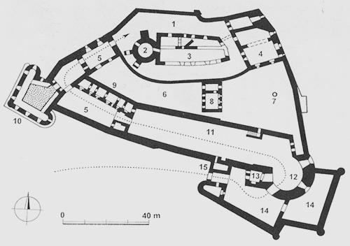 Legend to the ground plan:1 - upper castle, 2 - round tower, 3 - gothic palace, 4 - renaissance palace, 5 - mezzanine, 6 - first fort, 7 - well, 8 - chapel, 9 - palace, 10 - earring bastion with casemates, 11 - second fort, 12 - roundel, 13 - original entrance tower, 14 - third fort, 15 - entrance gate