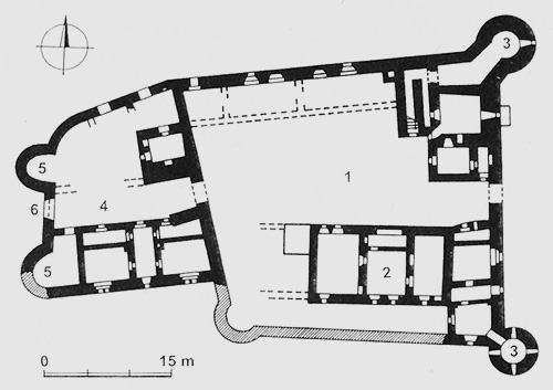 Legend to the ground plan:1 - courtyard, 2 - palace, 3 - corner cylindrical towers, 4 - fortifications, 5 - semicircular bastions, 6 - original entrance gate