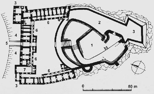 Legend to the ground plan:1-upper castle, 2-artillery platform, 3-corner bastions, 4-neck moat, 5-access bridge, 6-baroque manor house, 7-chapel