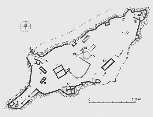 Legend to the ground plan:1 - early Gothic castle, 2 - residential tower, 3 - cistern, 4 - stables, 5 - entrance tower gate, 6 - guard building, 7 - main palace, 8 - officer's apartment building, 9 - iceberg, 10 - south palace, 11 - chapel, 12 - warehouse, 13 - cistern, 14 - bakery, 15 - mill, 16 - well, 17 - place of machine lift, 18 - bastion 