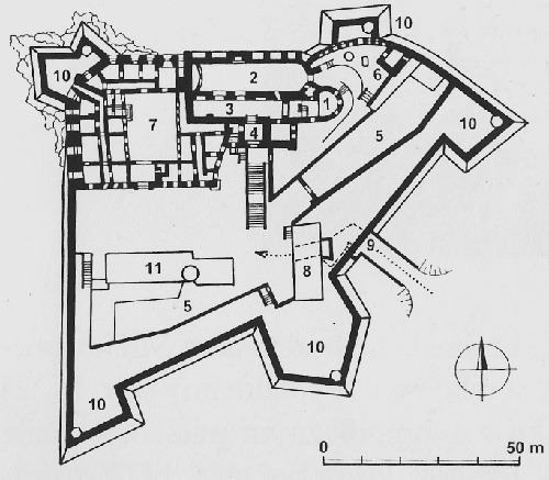 Legend to the ground plan:1-Romanesque church of St. Emeram, 2-Upper church, 3-lower church, 4-Renaissance tower, 5-Gothic moat, 6-courtyard with a well and Vase tower, 7-inner courtyard of the bishop's palace, 8-building of the Renaissance entrance gate , 9-baroque entrance gate, 10-baroque fortifications, 11-farm building