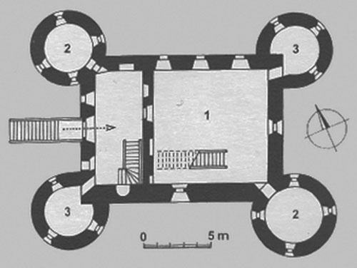 Legend to the ground plan:1 - prismatic tower, 2 - original corner bastions, 3 - corner bastions completed in the 2nd half. 17th century