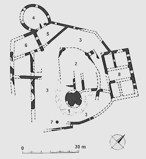 Legend to the ground plan:1 - remains of a tower, 2 - upper castle, 3 - fortifications, 4 - cannon bastion Tereš, 5 - residential tract, 6 - late renaissance western palace, 7 - rest of a farm building, 8 - late renaissance palace