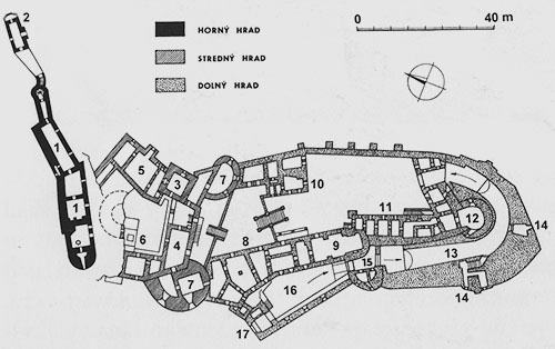 Legend to the ground plan:1-palace, 2-chapel, 3-tower, 4-Corvinus / after reconstruction of pálfy palace /, 5-palace of John of Dubovec, 6-well, 7-part bastions, 8-Turzov palace, 9-chapel, 10-parish , 11-farm buildings, 12-Archive tower, 13-entrance tunnel, 14-artillery casemates, 15-gate with drawbridge, 16-gate, 17-entrance tower