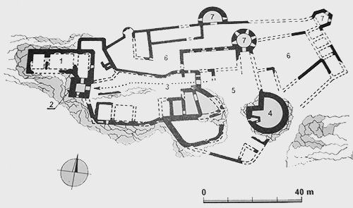 Legend to the ground plan:1 - palace of the upper castle, 2 - tower, 3 - fortification, 4 - advanced fortress, 5 - lower castle, 6 - extension of the lower castle, 7 - bastions of the lower castle