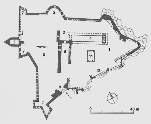 Legend to the ground plan:1 - top platform, 2 - cannon bastion, 3 - castle gate, 4,5 - palace, 6 - fortification, 7 - bastions, 8 - pointed cannon bastion, 9 - arched gate, 10 - entrance building with consoles with mascarons, 11 - cistern, 12 - south palace