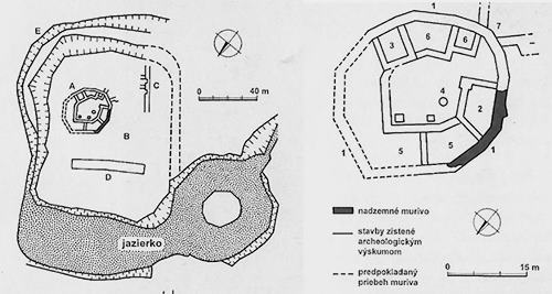 Legend to the ground plan:A - inner castle, B - fortification, C - fortification wall, D - cellar, E - remains of water ditches / 1 - mantle wall, 2 - early Gothic palace, 3 - original towered entrance gate, 4 - well, 5 - palace spaces, 6 - later extensions, 7 - newer entrance area with drawbridge