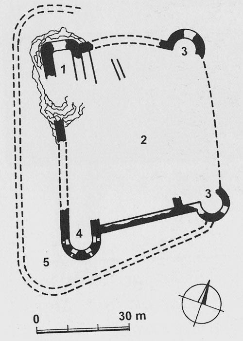 Legend to the ground plan:1 - remains of the castle tower, 2 - courtyard, 3 - defensive bastions, 4 - rest of the bastion after reconstruction, 5 - fortification