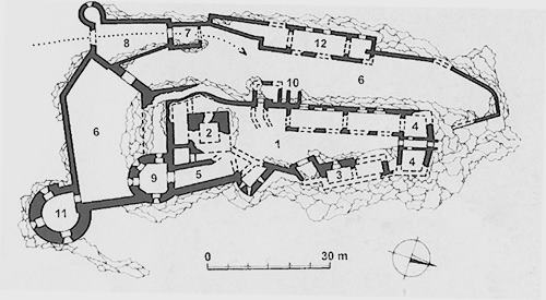 Legend to the ground plan:1 - upper castle, 2 - residential tower, 3 - eastern palace, 4 - northern palace, 5 - original entrance corridor, 6 - lower courtyard, 7 - entrance tower, 8 - forecourt, 9 - cannon bastion, 10 - access ramp pillars , 11 - cannon bastion, 12 - farm buildings