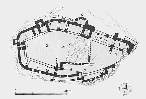 Legend to the ground plan:1 - the original Gothic fortress, 2 - the fort, 3 - the defensive prismatic towers, 4 - the abolished Gothic gate, 5 - the entrance Renaissance barbican, 6 - the palace, 7 - the building with a gate, 8 - the outbuildings and operating buildings