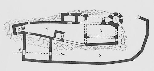 Legend to the ground plan:1 - upper castle, 2 - prismatic tower, 3 - residential and operational buildings, 4 - cylindrical bastion, 5 - renaissance fort, 6 - entrance gate