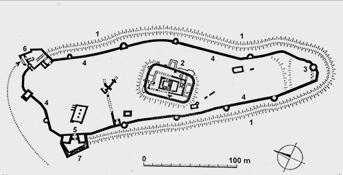 Legend to the ground plan:1 - rampart fortification, 2 - inner castle with donjon, 3 - watchtower, 4 - circular wall of the lower castle with bastions, 5 - original entrance, 6 - entrance barbican, 7 - cannon bastion